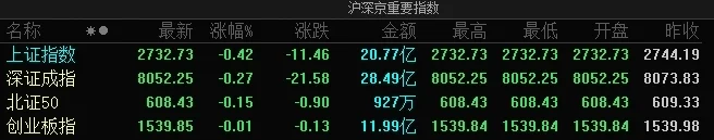 A股指数集体低开：沪指跌0.42%，房地产、证券、医药等板块跌幅居前
